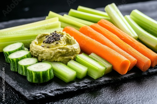 Detox-friendly snack platter featuring raw veggies like carrot sticks, celery, and cucumber, paired with hummus and guacamole for a healthy, light snack photo