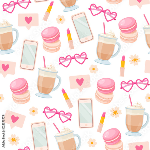Pretty pink seamless pattern with girl things such latte cup, bright lipstick, macarons, decorative eyeglasses and flowers.