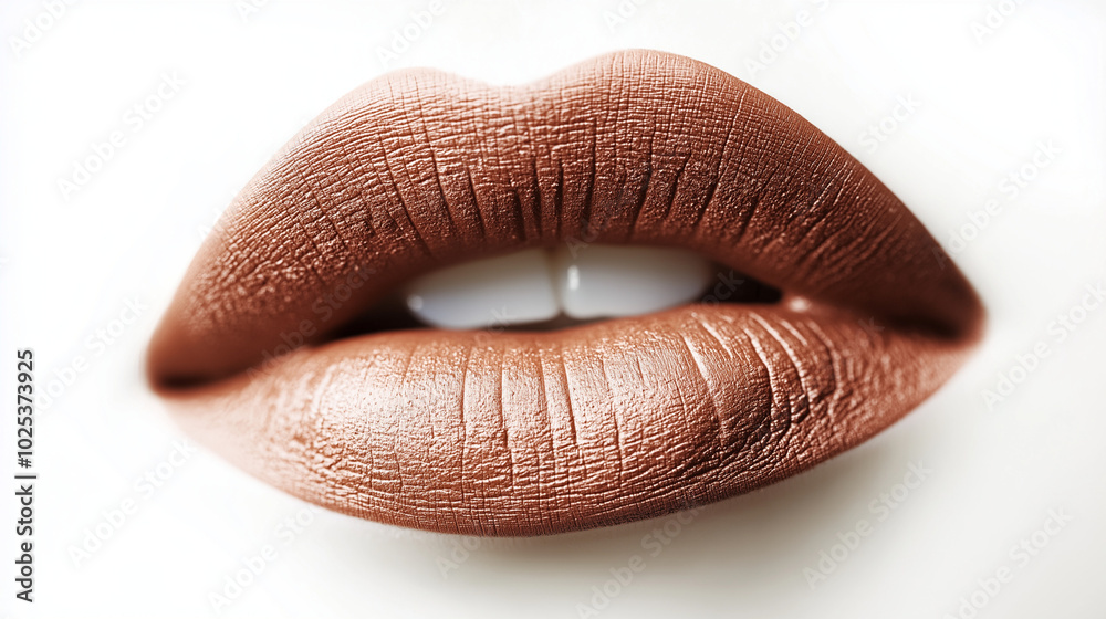 a single, elegant lips of caramel beige lipstick on white background, with soft color gradients and subtle sheen to highlight the texture and glossiness of lip makeup a single, elegant lips of caramel beige lipstick on white background, with soft color gradients and subtle sheen to highlight the texture and glossiness of lip makeup