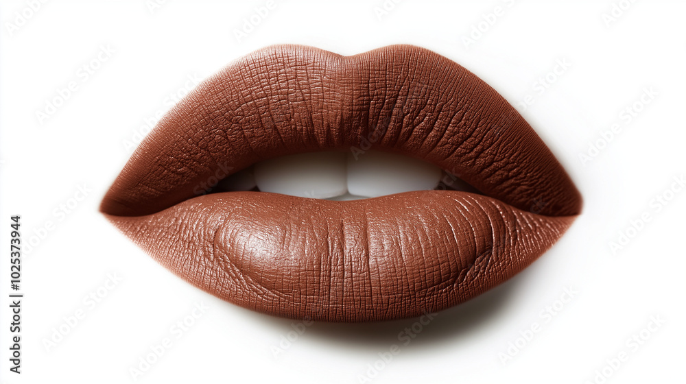 a single, elegant lips of caramel beige lipstick on white background, with soft color gradients and subtle sheen to highlight the texture and glossiness of lip makeup a single, elegant lips of caramel beige lipstick on white background, with soft color gradients and subtle sheen to highlight the texture and glossiness of lip makeup