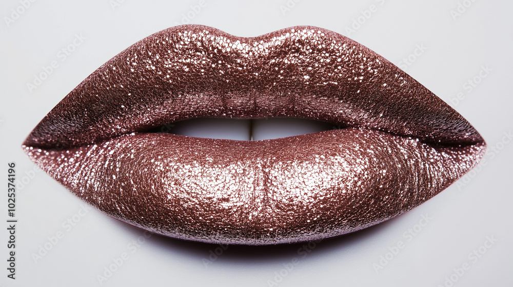 a single, elegant lips of glitter copper lipstick on white background, with soft color gradients and subtle sheen to highlight the texture and glossiness of lip makeup a single, elegant lips of glitter copper lipstick on white background, with soft color gradients and subtle sheen to highlight the texture and glossiness of lip makeup