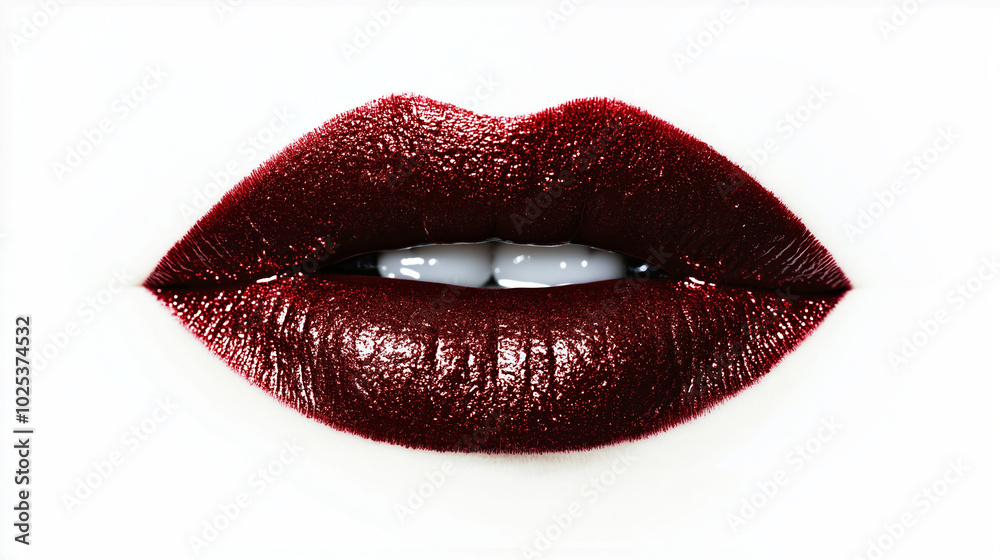 Obraz premium a single, elegant lips of glitter red lipstick on white background, with soft color gradients and subtle sheen to highlight the texture and glossiness of lip makeup