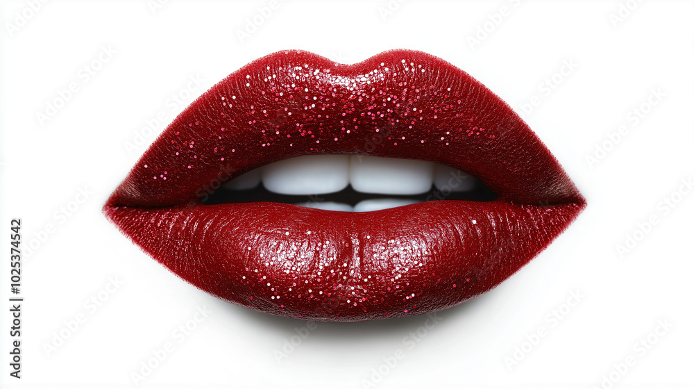 a single, elegant lips of glitter red lipstick on white background, with soft color gradients and subtle sheen to highlight the texture and glossiness of lip makeup a single, elegant lips of glitter red lipstick on white background, with soft color gradients and subtle sheen to highlight the texture and glossiness of lip makeup