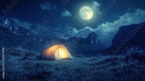 A lone tent glows under a full moon in a mountain valley.