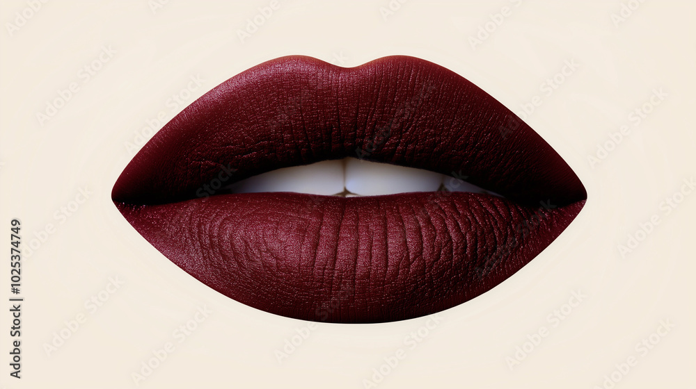 a single, elegant lips of ruby burgundy lipstick on white background, with soft color gradients and subtle sheen to highlight the texture and glossiness of lip makeup a single, elegant lips of ruby burgundy lipstick on white background, with soft color gradients and subtle sheen to highlight the texture and glossiness of lip makeup