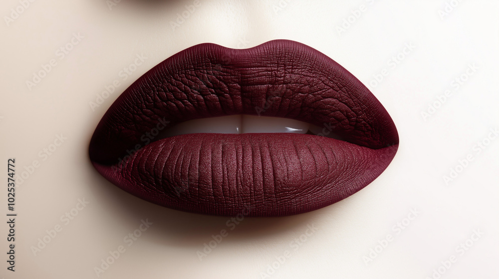 a single, elegant lips of ruby burgundy lipstick on white background, with soft color gradients and subtle sheen to highlight the texture and glossiness of lip makeup a single, elegant lips of ruby burgundy lipstick on white background, with soft color gradients and subtle sheen to highlight the texture and glossiness of lip makeup