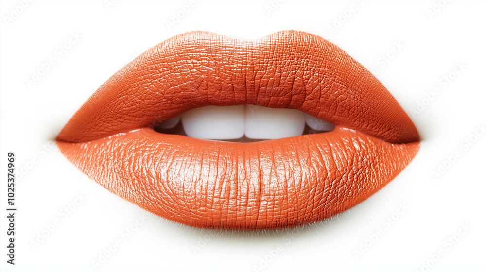 a single, elegant lips of tangerine tango lipstick on white background, with soft color gradients and subtle sheen to highlight the texture and glossiness of lip makeup
