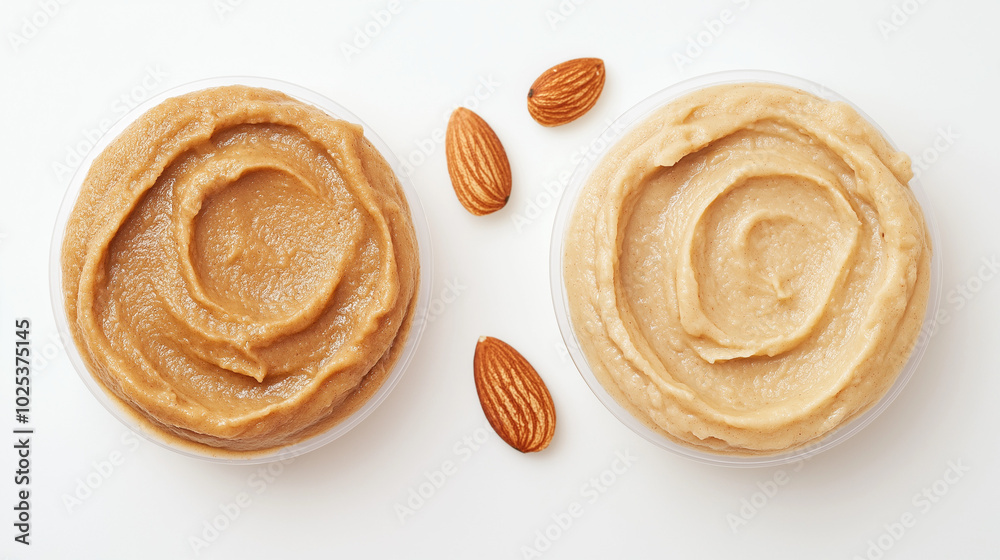 Fototapeta premium almond butter or cashew butter: a close-up, top-down view of almond butter and cashew butter spread smoothly in round shapes, placed side by side with a small gap on a white background