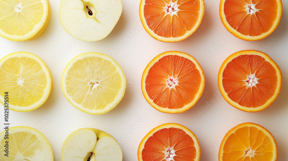 apple or orange: a close-up, top-down view of apple slices and orange slices, placed side by side with a small gap on a white background apple or orange: a close-up, top-down view of apple slices and orange slices, placed side by side with a small gap on a white background