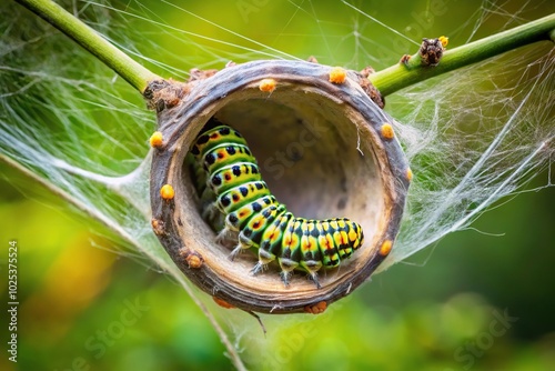 Caterpillar in a silk nest at the end of a branch, high angle view photo