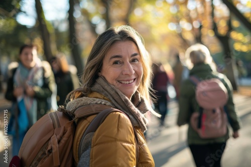 Portrait of smiling woman with backpack walking in park at autumn day