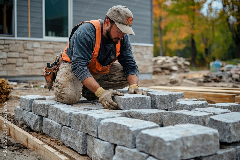 Skilled Mason Laying Stone Bricks for Rustic Outdoor Construction