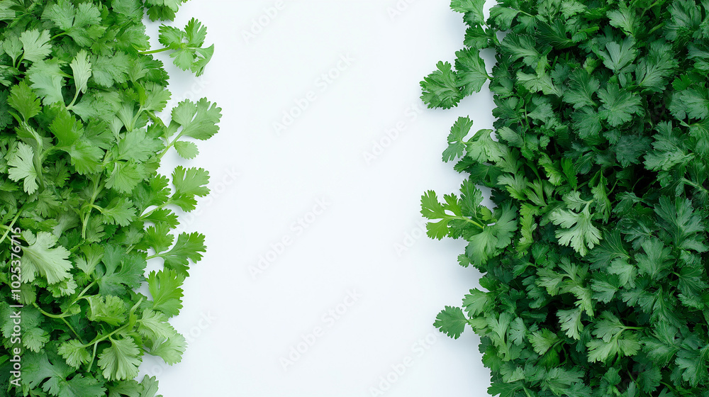 cilantro or parsley: a close-up, top-down view of cilantro leaves and parsley leaves, placed side by side with a small gap on a white background cilantro or parsley: a close-up, top-down view of cilantro leaves and parsley leaves, placed side by side with a small gap on a white background