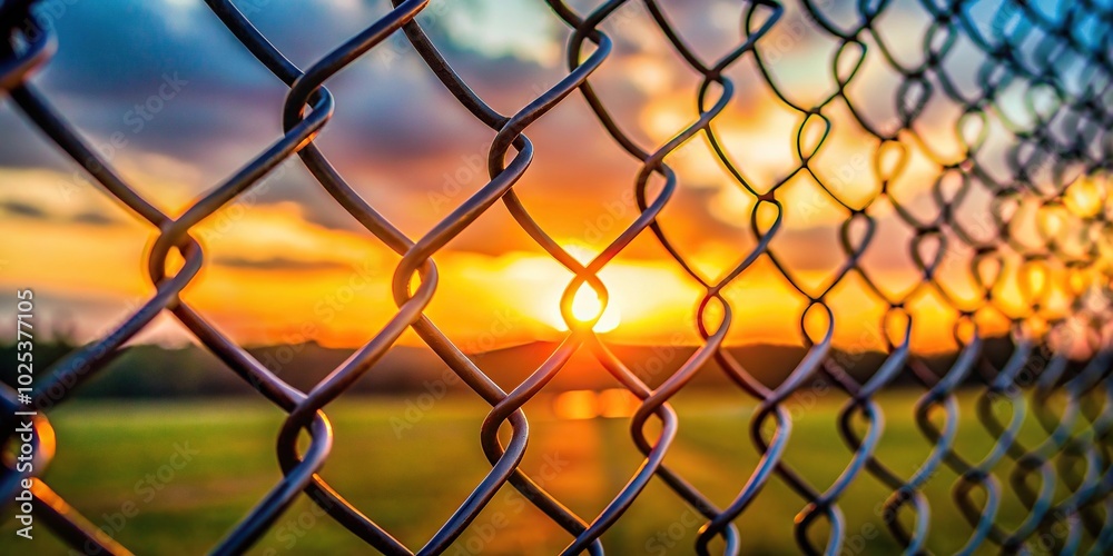 Fototapeta premium Chain link fence with sunset background, selective focus, shallow depth of field, POV