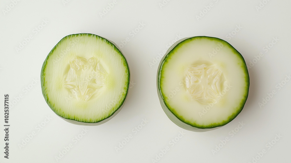 cucumber or zucchini: a close-up, top-down view of cucumber slices and zucchini slices, placed side by side on a light-colored background
