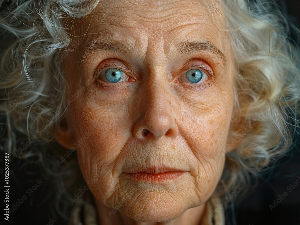 Close-up Portrait of an Elderly Woman with Blue Eyes Close-up Portrait of an Elderly Woman with Blue Eyes