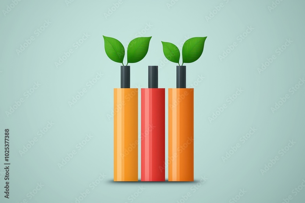 Colorful pencils with green leaves on a soft background, symbolizing growth and creativity.