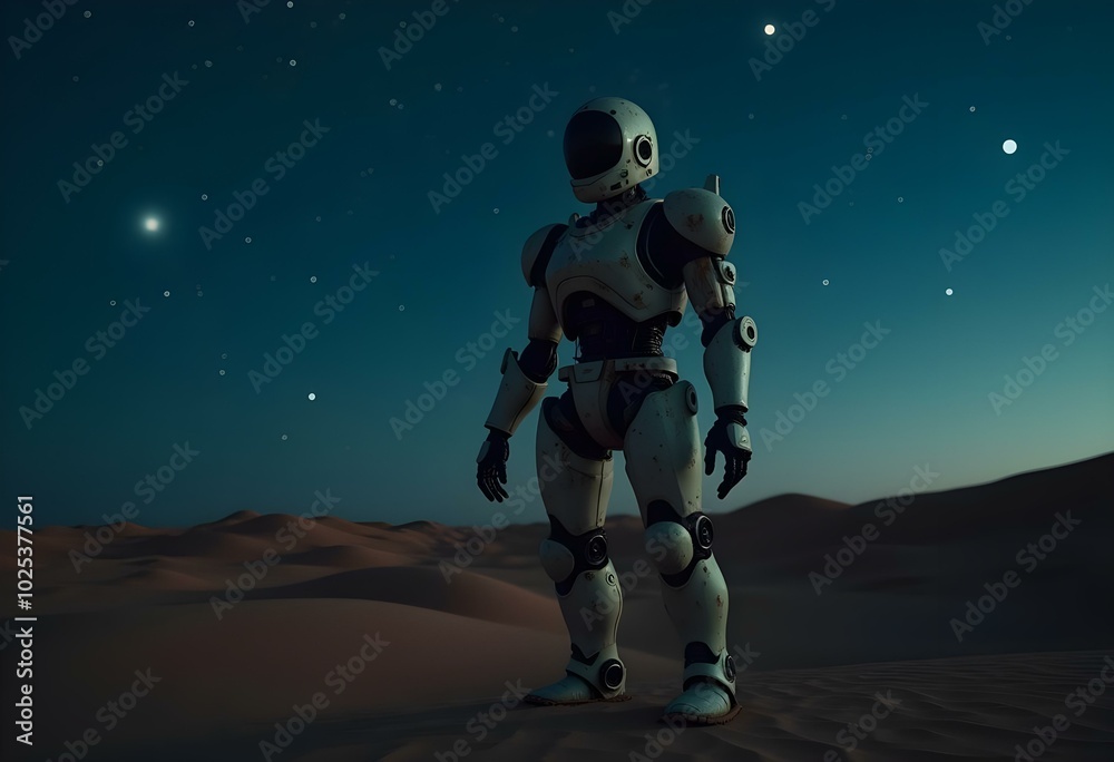 an armored robot with a weathered appearance, standing on a dark desert landscape during a starry night create with ai an armored robot with a weathered appearance, standing on a dark desert landscape during a starry night create with ai