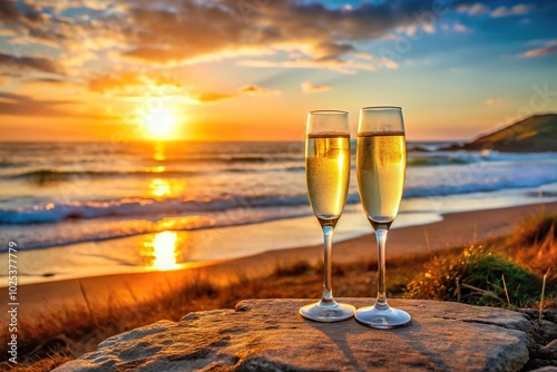 Champagne flutes with prosecco in front of sunset on Woolacombe beach in North Devon UK photo