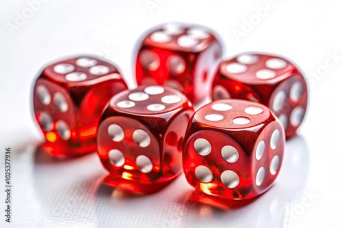 Chaotic arrangement of red dice on eye level view