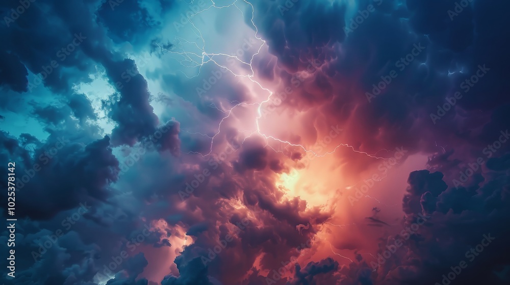 A dramatic sky with dark clouds illuminated by a powerful lightning strike. A dramatic sky with dark clouds illuminated by a powerful lightning strike.