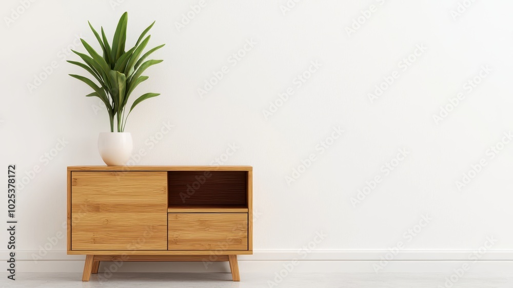 Modern wooden cabinet with houseplant against a white background. Bamboo eco-friendly furniture concept Modern wooden cabinet with houseplant against a white background. Bamboo eco-friendly furniture concept