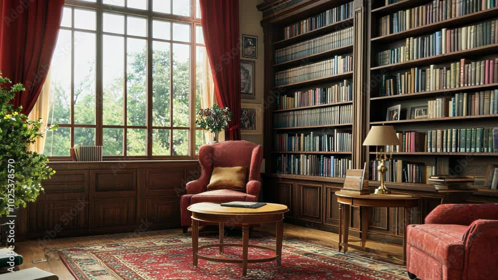 Cozy library with wooden shelves, plush chairs, and a warm atmosphere. Cozy library with wooden shelves, plush chairs, and a warm atmosphere.