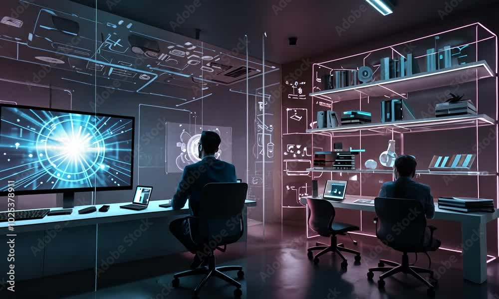 A virtual classroom interface projected onto a wall, with students interacting remotely via holographic avatars