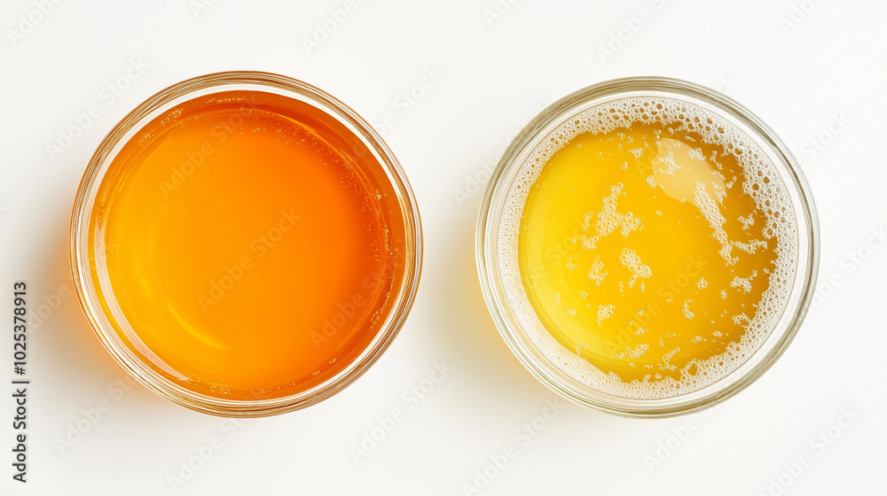 orange juice or apple juice: a close-up, top-down view of orange juice and apple juice in circular puddles, placed side by side with a small gap on a white background orange juice or apple juice: a close-up, top-down view of orange juice and apple juice in circular puddles, placed side by side with a small gap on a white background