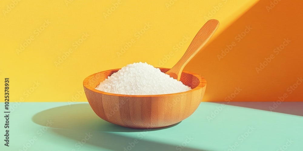Rock salt in a wooden bowl accompanied by a wooden spoon, Wooden bowl of rock salt with a wooden spoon Rock salt in a wooden bowl accompanied by a wooden spoon, Wooden bowl of rock salt with a wooden spoon