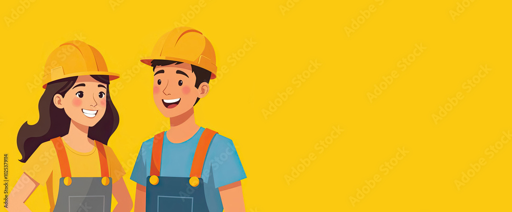 Banner with two Happy Builders in helmets, yellow background. Young Man and Woman Construction workers. Empty copy space for your text. Creative idea for design Banner with two Happy Builders in helmets, yellow background. Young Man and Woman Construction workers. Empty copy space for your text. Creative idea for design