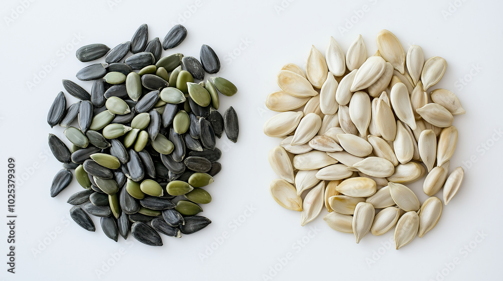 pumpkin seeds or sunflower seeds: a close-up, top-down view of pumpkin seeds and sunflower seeds, placed side by side with a small gap on a white background pumpkin seeds or sunflower seeds: a close-up, top-down view of pumpkin seeds and sunflower seeds, placed side by side with a small gap on a white background