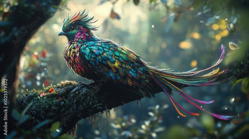 Obraz premium A fairytale bird with intricate, colorful plumage and an elongated tail, resting on a mystical tree in an enchanted forest