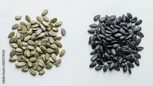 pumpkin seeds or sunflower seeds: a close-up, top-down view of pumpkin seeds and sunflower seeds, placed side by side with a small gap on a white background