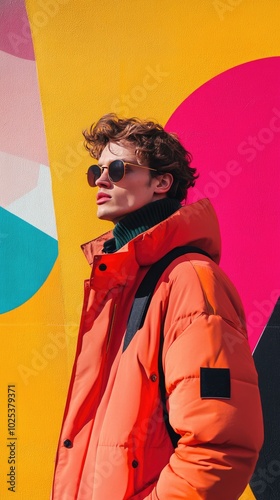 Trendy Young Man in Vibrant Coat and Sunglasses Against Colorful Abstract Wall