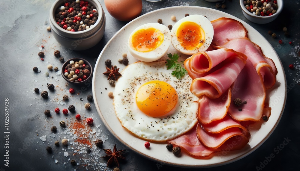 Ham and Eggs. Bacon and Eggs. Salted egg with pepper on white plate.