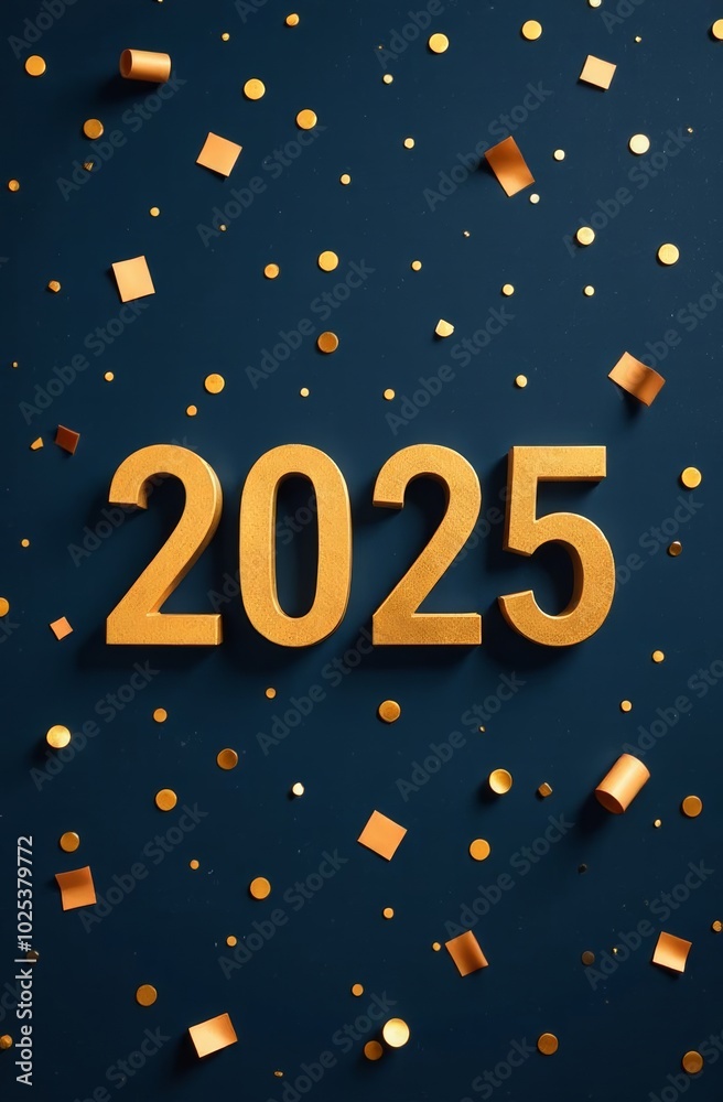 Golden 2025 numerals surrounded by colorful confetti on a dark background ideal for New Year celebrations and events Golden 2025 numerals surrounded by colorful confetti on a dark background ideal for New Year celebrations and events