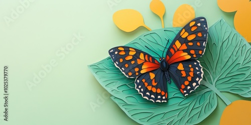 A slightly worn Baltimore Checkerspot butterfly perched on a vibrant green leaf, A weathered Checkerspot butterfly resting on a bright green leaf photo