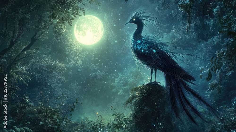 Naklejka premium A stunning, magical bird with radiant, long feathers and an elegant stance, perched in an enchanted forest under a glowing moon