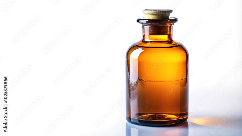 Chemical reagent in amber bottle at tilted angle isolated on white background