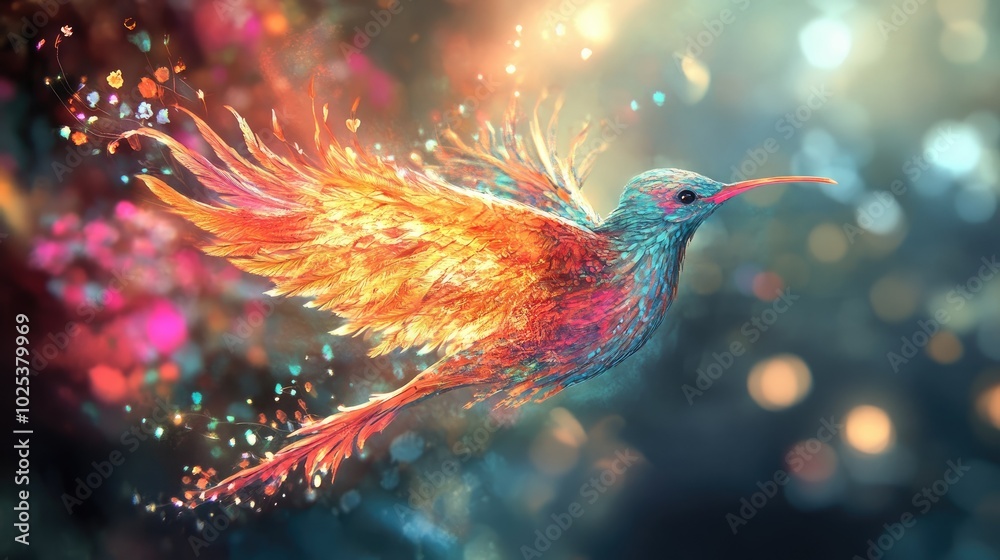 A vibrant bird from a fantasy world, adorned with iridescent, flowing feathers, flying gracefully over a mystical landscape A vibrant bird from a fantasy world, adorned with iridescent, flowing feathers, flying gracefully over a mystical landscape