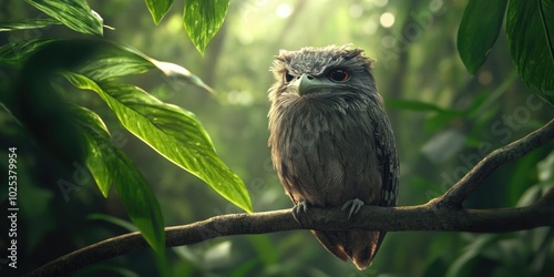 Close-up of a Blyth's frogmouth (Batrachostomus affinis), a nocturnal bird, perched on a twig amid lush foliage in a tropical moist lowland forest photo