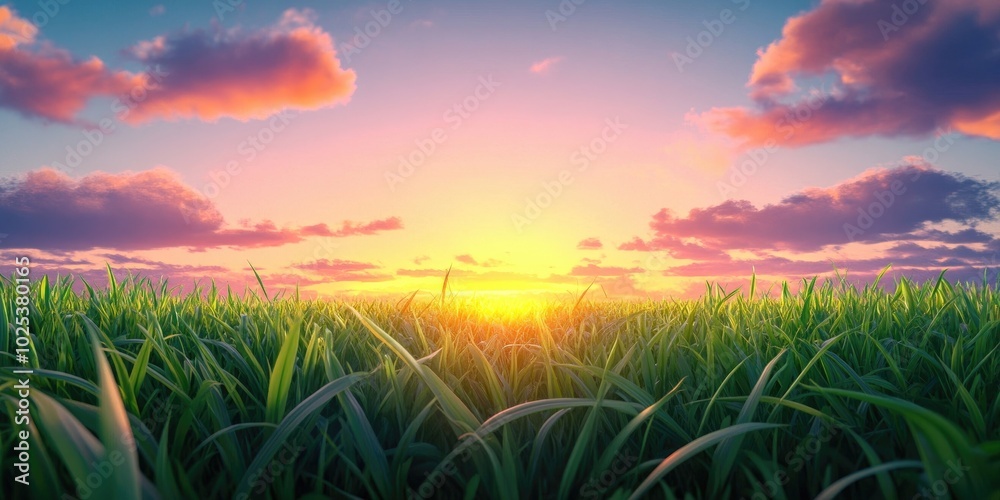 Fototapeta premium Lush green grass set against a vibrant sunset backdrop, Vibrant sunset over lush green grass