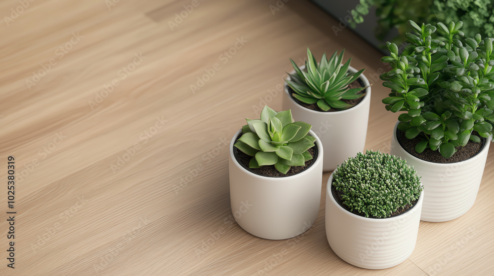 Fototapeta premium A collection of potted succulents arranged on a wooden floor, showcasing greenery and contemporary pot designs for indoor decoration.