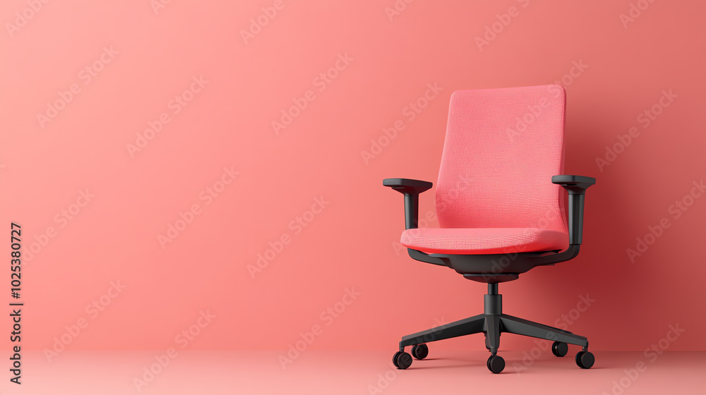 A modern pink office chair against a vibrant coral wall, designed for comfort and style. Ideal for home office or creative workspace.