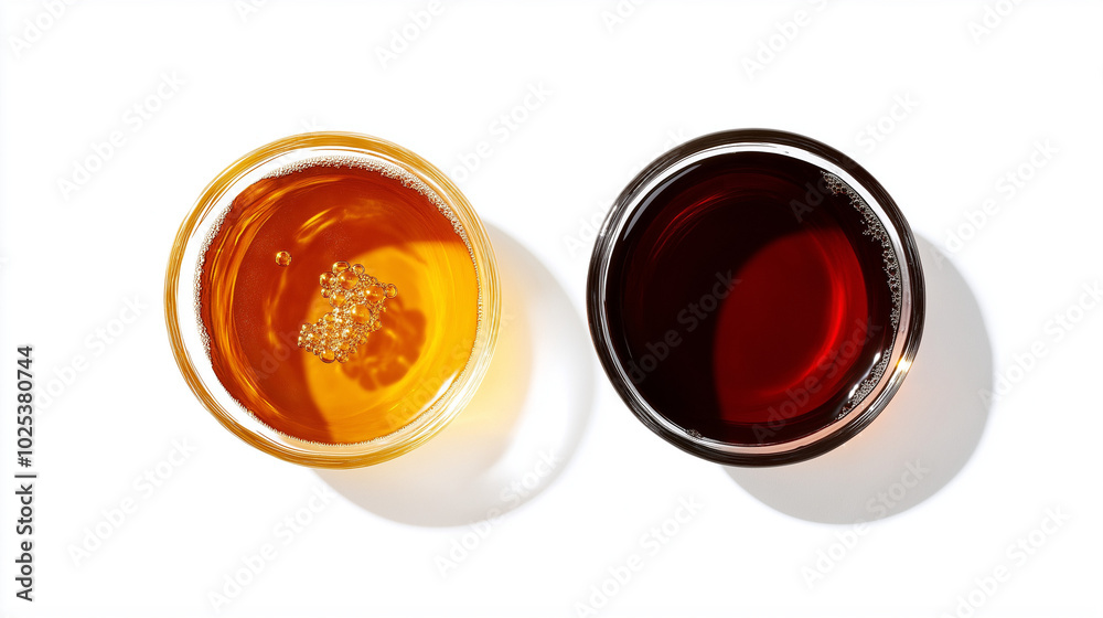 tea or coffee: a close-up, top-down view of tea and coffee in rounded puddle shapes, placed side by side with a small gap between them on a clean white background tea or coffee: a close-up, top-down view of tea and coffee in rounded puddle shapes, placed side by side with a small gap between them on a clean white background