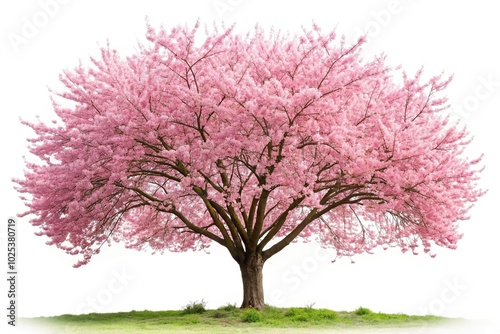 Cherry blossom tree with pink flowers on white background