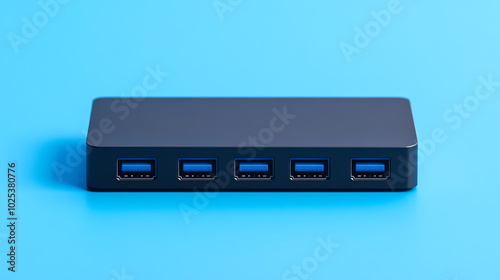 A modern USB hub with five ports on a blue background, perfect for enhancing connectivity and expanding device usability.