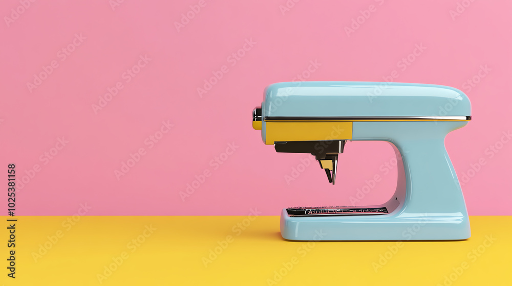 A retro-style sewing machine against a vibrant pink and yellow background, perfect for showcasing creativity and craftsmanship. A retro-style sewing machine against a vibrant pink and yellow background, perfect for showcasing creativity and craftsmanship.