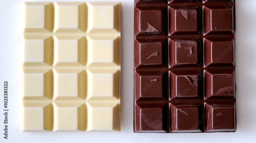 white chocolate or dark chocolate: a close-up, top-down view of white chocolate and dark chocolate squares, placed side by side with a small gap on a white background white chocolate or dark chocolate: a close-up, top-down view of white chocolate and dark chocolate squares, placed side by side with a small gap on a white background